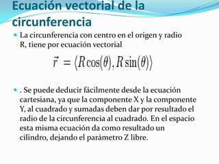 Ecuación vectorial de la
circunferencia
 La circunferencia con centro en el origen y radio
 R, tiene por ecuación vectorial




 . Se puede deducir fácilmente desde la ecuación
 cartesiana, ya que la componente X y la componente
 Y, al cuadrado y sumadas deben dar por resultado el
 radio de la circunferencia al cuadrado. En el espacio
 esta misma ecuación da como resultado un
 cilindro, dejando el parámetro Z libre.
 