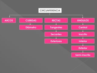 CIRCUNFERENCIA
ÁNGULOS
Central
Inscrito
Interior
Exterior
Semi-inscrito
ARCOS CUERDAS
Diámetro
RECTAS
Tangentes
Secantes
Exteriores
 
