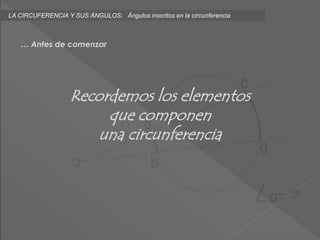 LA CIRCUFERENCIA Y SUS ÁNGULOS: Ángulos inscritos en la circunferencia
… Antes de comenzar
Recordemos los elementos
que componen
una circunferencia
 
