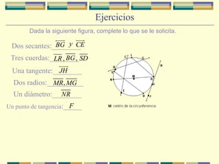 EjerciciosDada la siguiente figura, complete lo que se le solicita.Dos secantes:________ Tres cuerdas:________ Una tangente:________ Dos radios:__________  Un diámetro:________ Un punto de tangencia:_____