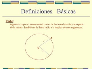 Definiciones   BásicasRadio:segmento cuyos extremos son el centro de la circunferencia y otro punto de la misma. También se le llama radio a la medida de esos segmentos..P.O