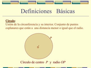 Definiciones   BásicasCírculo:Unión de la circunferencia y su interior. Conjunto de puntos coplanares que están a  una distancia menor o igual que el radio..P.O