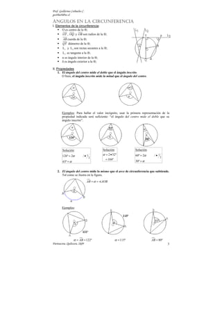 Prof. Guillermo Corbacho C.
gcorbach@uc.cl

ÁNGULOS EN LA CIRCUNFERENCIA
I. Elementos de la circunferencia:
       O es centro de la ⊗;
       OT , OQ y OB son radios de la ⊗;
        AB cuerda de la ⊗;
        QT diámetro de la ⊗;
        L1 y L 2 son rectas secantes a la ⊗;
        L3 es tangente a la ⊗;
        α es ángulo interior de la ⊗;
        δ es ángulo exterior a la ⊗;

II. Propiedades
     1. El ángulo del centro mide el doble que el ángulo inscrito.
        O bien; el ángulo inscrito mide la mitad que el ángulo del centro.




        Ejemplos: Para hallar el valor incógnito, usar la primera representación de la
        propiedad indicada será suficiente: “el ángulo del centro mide el doble que su
        ángulo inscrito”.




        Solución:                       Solución:               Solución:
        126º = 2α         /• 1          α = 2 • 52º             60º = 2α       /• 1
                                 2                                                    2
                                          = 104º
        63º = α                                                 30º = α


    2. El ángulo del centro mide lo mismo que el arco de circunferencia que subtiende.
       Tal como se ilustra en la figura.

                              AB = α = AOB




        Ejemplos:




                  α = AB = 122º                    α = 115º                  AB = 80º
Parinacota, Quilicura, 2k09                                                               3
 
