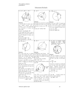 Prof. Guillermo Corbacho C.
gcorbach@uc.cl

                                     Solucionario Fila Apolo

1. α = ?, β = ?,     δ =?           2. α = ?                             3. AB = α = ?




                                   Solución:                             Solución:
Solución:                          α es igual a la mitad de la medida    α es un arco de . Y al igual que
− α y β miden lo mismo que el del ángulo del centro con el cual
                                                                         todo    del centro, mide el doble
otro ángulo inscrito −de la
                                   subtiende el mismo arco BC de         que el     de la esquina –inscrito,
esquina−, con el cual subtienden                                         con el que comparte el mismo arco,
                                     .
−o comparten− el mismo arco
                                   Es decir, α = 120º 2 = 60º .          en este caso, AC .
CD de .                                                                  Es decir, α =2•40º=80º.
Es decir, α y β miden 38º.
− δ es ángulo del centro y mide el
doble que el inscrito de 48º con
el cual subtiende el mismo arco
CD de .
Es decir, δ = 2•48º = 96º
Así, α = β = 48º y δ = 96º
4. CA = δ = ?                       5. δ = ?                             6. Se tiene un nonágono regular
                                                                             (polígono de nueve        lados
                                                                             congruentes) inscrito en la   .
                                                                             δ = ?, α = ?, ϕ = ?




Solución:                          Solución:
δ es como todo arco −e incluso     Completamos para formar dos
como todo ángulo del centro, el       s adyacentes suplementarios o      Solución:
doble que la medida del ángulo     para llegar a la medida de media      La       está dividida por 9 arcos
inscrito o de la esquina, que          de 180º.                          congruentes, donde la medida de
subtienda el mismo arco que el.    Si nos dan 126º, nos faltan:          cada uno y de cada         del centro,
                                                                         es:
Es decir, si δ = CA , nos interesa 180º − 126º = 54º
                                                                              360º
hallar el ABC que subtiende el La figura muestra donde se sitúan         δ=         = 40º
                                   estos 54º.                                   9
mismo arco CA .                                                          Como α es un ángulo que subtiende
Para ello, recordemos que la suma                                        uno de estos arcos, pero desde la
de los s interiores de todo ∆ es                                         esquina –llamado          inscrito. Su
igual a 180º.                                                            medida es igual a la mitad que cada
El cuadrado en el vértice C nos                                              del centro o arco. Esto es:
indica que ahí hay 90º. Así que                                               β 40º
dentro del triángulo nos dan:                                            α= =          = 20º
90º+37º=127º y lo que falta para
                                                                              2     2
completar los 180º del ∆ son:
                                   Y δ = CA es un arco de . Y al         Y ϕ = 4α        es igual a cuatro    s
180º − 127º =53º.
                                   igual que todo        del centro,     inscritos (de las esquina).
Por lo tanto, ABC = 53º
                                   mide el doble que el       inscrito      ϕ = 4•20º = 80º
Y entonces, δ = doble de ABC
               = 2•53º = 106º      –de la esquina, con el que
                                   comparte el arco que subtiende.
                                   Es decir, δ =108º.



Parinacota, Quilicura 2k10                                                                      55
 