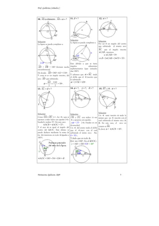 Prof. Guillermo Corbacho C.



10. AB es diámetro . AB = α = ?     11. δ = ?                         12. α = ?




                                    Solución:
Solución:                                                             Solución:
                                    La figura se puede completar a:
La figura se puede completar a:                                       Por ser δ un ángulo del centro
                                                                      que subtiende el mismo arco
                                                                      BC que el ángulo inscrito
                                                                       CAB , tenemos:
                                                                           si CAB = 35º
                                                                      ⇒ δ = 2 CAB = 2 • 35º = 70º.

                                    Esto debido a que se tiene
 AD + DB = 180º (forman media ángulos                    adyacentes
circunferencia)                     suplementarios (que sumados
                                    dan 180º).
De donde: AD = 180º −62º = 118º .
Y como α es un ángulo inscrito, del Y sabemos que α = BC mide
                                    el doble que el    inscrito que
arco AD que subtiende.              lo subtiende:
           AD 118º                  α = 2•54º = 108º .
      α=         =       = 59º.
             2       2
13. AC = δ = ?                      14. ϕ = ?,   γ = ?, δ = ?         15. BT ⊥ ⊗ . α = ?




                                                                     Solución:
Solución:                           Solución:
                                                                     Un       semi inscrito α mide lo
Como OA = OC = r , los s que se     OB y OC son radios ⇒ sus mismo que un                inscrito con el
oponen a tales lados son iguales ( s   s opuestos son iguales.       cual subtienda el mismo arco de
basales) y miden 37º. En este caso: ∴ϕ = 25º [ s basales en un ⊗. En este caso, el arco en
          ACB = AOC = 37º .         ∆ isósceles).
Y el arco α es igual al ángulo del                                   común es AB .
                                    Un      del centro mide el doble
centro del ∆AOC. Este último se                                      Es decir, α = ACB = 43º.
                                    que el        inscr. con el cual
puede deducir mediante la suma de   subtiende el mimo arco. Así,
los s interiores en todo ∆ (iguales a δ = 50º.
180º).                                Y dado que en todo ∆:
                                    Σ int.=180º. En el ∆DOC:
                                    γ = 180º − (90+50)º = 40º




  AOC = 180º −74º = 106º = δ .




Parinacota, Quilicura, 2k09                                                                     7
 