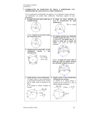 Prof. Guillermo Corbacho C.
gcorbach@uc.cl

7. COMBINACIÓN DE EJERCICIOS DE ÁREAS Y PERÍMETROS CON
    PROPIEDADES DE ÁNGULOS EN LA CIRCUNFERENCIA

   Con la combinación de propiedades de ángulos en la circunferencia surgen ejercicios
   que difícilmente nos pueden dejar indiferentes. Recordemos algunas de estas
   propiedades:
   1. El ángulo del centro mide el doble que 2. El ángulo del centro subtiende un
      el ángulo inscrito.                       arco de circunferencia de igual
                                                medida que el.
                                                                         AB = α = AOB




       O bien; el ángulo inscrito mide la mitad
       que el ángulo del centro.                3. Los ángulos inscritos que subtienden
                                                   el mismo ángulo del centro -o arco de
                                                   circunferencia, son iguales entre sí y
                                                   miden la mitad que el ángulo del
                                                   centro –así como del arco que
                                                   subtiende.


    4. Ángulos opuestos suman 180º en todo
       cuadrilátero    inscrito  a     una
       circunferencia.

                              En la figura:
                               α + γ = 180º
                               β + δ = 180º      O bien, el ángulo del centro mide el
                                                 doble que todos los ángulos inscritos
                                                 que subtienden el mismo arco que el.




    5. Ángulo interior a una circunferencia. 6. Ángulo exterior a una circunferencia
       Un ángulo interior a una circunferencia  formado por dos secantes.
       es aquel ángulo formado por dos cuerdas  La medida de un ángulo exterior x,
       que se cortan, como se muestra en la     formado por dos secantes PA y PD , se
       figura.                                  obtiene mediante la fórmula:
       Y su medida se obtiene mediante la
                                                     AB − CD                  α −β
       fórmula:                                  x=               O bien: x =
                                                        2                       2
                               AB + CD
                            x=
                                   2
                           O bien,
                                α +β
                            x=
                                  2




Parinacota, Quilicura 2K10.                                                         82
 