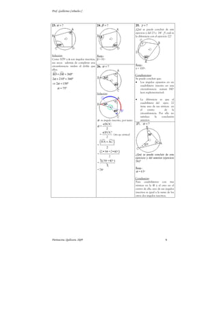 Prof. Guillermo Corbacho C.



23. α = ?                         24. β = ?                         25. γ = ?
                                                                    ¿Qué se puede concluir de este
                                                                    ejercicio y del 23 y 24? ¿Y cuál es
                                                                    la diferencia con el ejercicio 22?




Solución:                            Resp.:
Como 105º y α son ángulos inscritos, β = 91º
sus arcos -además de completar una
circunferencia- miden el doble que 26. α = ?                        Resp.:
ellos.                                                              γ = 100º.

BD + DB = 360º                                                      Conclusiones:
2α + 210º = 360º                                                    Se puede concluir que:
                                                                    • Los ángulos opuestos en un
⇒ 2α = 150º
                                                                        cuadrilátero inscrito en una
    α = 75º                                                             circunferencia suman 180º
                                  Solución:                             (son suplementarios).

                                                                    •   La diferencia es que el
                                                                        cuadrilátero del ejerc. 22
                                                                        tiene uno de sus vértices en
                                                                        el     centro       de     la
                                                                        circunferencia. Por ello no
                                                                        satisface     la  conclusión
                                  α es ángulo inscrito, por tanto       anterior.
                                         BOC                        27. α = ?
                                  α=
                                          2
                                         B'OC'
                                    =           ( s op. vértice)
                                          2

                                  =
                                    ( B'A + AC' )
                                          2

                                  =
                                    (2•34º +2•40º )
                                                                    ¿Qué se puede concluir de este
                                             2
                                                                    ejercicio y del anterior (ejercicio
                                     2 (34º +40º )                  26)?
                                  =
                                          2
                                                                    Resp.:
                                  = 74º
                                                                    α = 63º

                                                                    Conclusión:
                                                                    Para cuadriláteros con tres
                                                                    vértices en la ⊗ y el otro en el
                                                                    centro de ella, uno de sus ángulos
                                                                    inscritos es igual a la suma de los
                                                                    otros dos ángulos inscritos.




Parinacota, Quilicura, 2k09                                                                    9
 