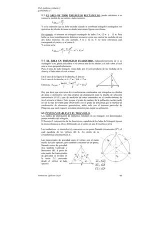 Prof. Guillermo Corbacho C.
gcorbach@uc.cl
Parinacota, Quilicura 2K10. 94
Círculos y Circunferencias: Áreas y Perímetros
Listado Nº 5 de Ejercicios (Propuestos)
Nombre: ___________________________________ Curso: ______ Puntaje: ____
Halle el área y perímetro de las siguientes figuras sombreadas:
1. 2. o centro de la circunferencia
de radio R = 10 cm.
3.
4. AB diámetro de la
circunferencia de centro o.
R = 10 cm. r = ?
5. AB diámetro de la semi
mayor. R =10 cm. r = ?
6. AB diámetro de la semi
de radio 10 cm. C y D
puntos medios de AO y
OB respectivamente. r = ?
7. Las circunferencias interiores
tienen radio r y son tangentes
con la de al lado. La medida
del radio R es 6 cm.
8. Las circunferencias interiores
tienen radio r y son tangentes
con la de al lado. La medida
del radio R es 6 cm.
9. Los radios de las
circunferencias mayor y
menor son 6 m y 4 m.
respectivamente.
10. AB diámetro de la semi
mayor de centro o.
OC = 6 m y OD = 4 m.
11. AB diámetro de la
circunferencia de centro o.
r = 3 cm.
12. AB diámetro de la
circunferencia de centro o.
r = 2 cm.
 