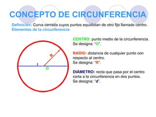 CONCEPTO DE CIRCUNFERENCIA Definición:  Curva cerrada cuyos puntos equidistan de otro fijo llamado centro. Elementos de la circunferencia: CENTRO:  punto medio de la circunferencia.  Se designa: “ O ”. RADIO:   distancia de cualquier punto con respecto al centro. Se designa: “ R ”. DIÁMETRO:  recta que pasa por el centro  corta a la circunferencia en dos puntos. Se designa: “ d ”.  O 