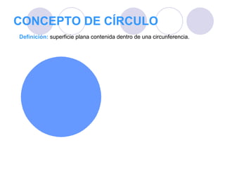 CONCEPTO DE CÍRCULO Definición:  superficie plana contenida dentro de una circunferencia. 