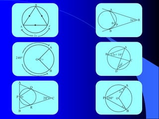 B
                                           A


                                                                    36º   R
                                               
                           C                       P
    A
                                           B
                2x



                           A                                    A

                                       B       2 x + 10°
240º                 x
                 O                                                  C
                                                            °
                                                       50
                           B                       D


    A
                                                                A
            Q
                                                       2x
P       x            20º       C   P       30° O

            R                                           x
    B                                                           B
 