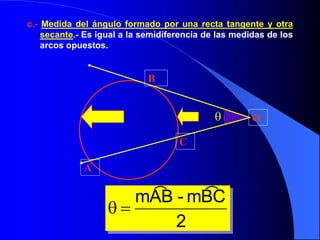 c.- Medida del ángulo formado por una recta tangente y otra 
secante.- Es igual a la semidiferencia de las medidas de los 
arcos opuestos. 
 
A 
B 
C 
O 
mAB - mBC 
2 
  
 