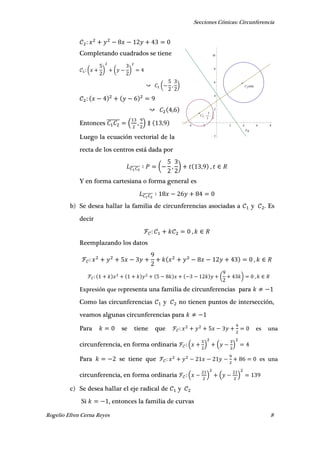 Secciones Cónicas: Circunferencia
Rogelio Efren Cerna Reyes 8
C1
5
2
,
3
2
C2(4,6)
ER
4 2 2 4 6 8
2
2
4
6
8
10Completando cuadrados se tiene
( ) ( )
( , )
,
Entonces ̅̅̅̅̅̅ ( , ) ,
Luego la ecuación vectorial de la
recta de los centros está dada por
̅̅̅̅̅̅̅ ( , ) , ,
Y en forma cartesiana o forma general es
̅̅̅̅̅̅̅
b) Se desea hallar la familia de circunferencias asociadas a y . Es
decir
,
Reemplazando los datos
,
( ) ,
Expresión que representa una familia de circunferencias para
Como las circunferencias y no tienen puntos de intersección,
veamos algunas circunferencias para
Para se tiene que es una
circunferencia, en forma ordinaria ( ) ( )
Para se tiene que es una
circunferencia, en forma ordinaria ( ) ( )
c) Se desea hallar el eje radical de y
Si , entonces la familia de curvas
 