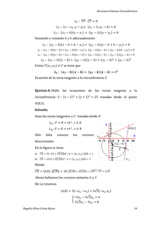 Secciones Cónicas: Circunferencia
Rogelio Efren Cerna Reyes 14
𝐿 𝑇
𝑇
𝑇
𝐿 𝑇
𝐶 ,
𝑅 ,
𝑣
𝑢̅
̅̅̅̅ ̅̅̅̅
, ℎ,
ℎ
Sumando y restando ℎ y adecuadamente
ℎ ℎ ℎ
ℎ ℎ ℎ ℎ
ℎ ℎ ℎ ℎ
ℎ ℎ ℎ
Como , se tiene que
Ecuación de la recta tangente a la circunferencia .
Ejercicio 8. Halle las ecuaciones de las rectas tangente a la
circunferencia trazadas desde el punto
, .
Solución.
Sean las rectas tangentes a trazadas desde
̅ ,
,
Sólo falta conocer los vectores
direccionales.
En la figura se tiene:
a) ̅̅̅̅ ̅ ‖̅̅̅̅̅‖̅ , ̅ , , ‖̅‖
b) ̅̅̅̅ ‖̅̅̅̅̅‖ , , , ‖ ‖
Dónde:
̅̅̅̅ , , ‖̅̅̅̅‖ , ‖̅̅̅̅̅‖ ‖̅̅̅̅̅‖ √ √
Ahora hallamos los vectores unitarios ̅ y
De (a) tenemos
, , √ ,
{
√
√
 