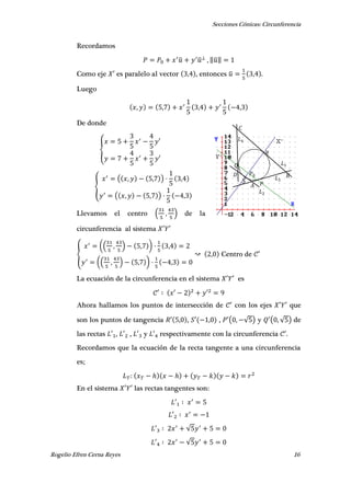 Secciones Cónicas: Circunferencia
Rogelio Efren Cerna Reyes 16
𝐿
𝐿
𝐿
𝐿
𝑃
𝑃
𝑄
𝑅
𝐴
𝐵
𝐶
𝐷
𝑆
Recordamos
̅ ̅ , ‖̅‖
Como eje ′ es paralelo al vector , , entonces ̅ , .
Luego
, , , ,
De donde
{
′
′
{
( , , ) ,
( , , ) ,
Llevamos el centro ( , ) de la
circunferencia al sistema ′ ′
{
(( , ) , ) ,
(( , ) , ) ,
, Centro de ′
La ecuación de la circunferencia en el sistema ′ ′ es
′ ′ ′
Ahora hallamos los puntos de intersección de ′ con los ejes ′ ′ que
son los puntos de tangencia ′ , , ′ , , ′( , √ ) y ′( , √ ) de
las rectas ′ , ′ , ′ y ′ respectivamente con la circunferencia ′.
Recordamos que la ecuación de la recta tangente a una circunferencia
es;
ℎ ℎ
En el sistema ′ ′ las rectas tangentes son:
′
′
′ √
′ √
 