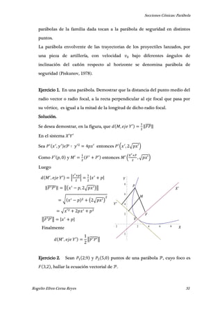 Secciones Cónicas: Parábola
Rogelio Efren Cerna Reyes 31
2 2 4 6 8
2
2
4
6
8
𝑋′
𝑌′
𝑋
𝑌
𝑀
𝑃
𝐹
𝑉
parábolas de la familia dada tocan a la parábola de seguridad en distintos
puntos.
La parábola envolvente de las trayectorias de los proyectiles lanzados, por
una pieza de artillería, con velocidad bajo diferentes ángulos de
inclinación del cañón respecto al horizonte se denomina parábola de
seguridad (Piskunov, 1978).
Ejercicio 1. En una parábola. Demostrar que la distancia del punto medio del
radio vector o radio focal, a la recta perpendicular al eje focal que pasa por
su vértice, es igual a la mitad de la longitud de dicho radio focal.
Solución.
Se desea demostrar, en la figura, que , ′ ‖̅̅̅̅‖
En el sistema ′ ′
Sea , ′ ′ entonces ( , √ ′)
Como ′ , y ′ ′ entonces ′ ( , √ ′)
Luego
, ′ | | | |
‖̅̅̅̅̅̅‖ ‖( , √ )‖
√ ( √ )
√ ′
‖ ′ ′̅̅̅̅̅‖ | |
Finalmente
, ′ ‖ ′ ′̅̅̅̅̅‖
Ejercicio 2. Sean , y , puntos de una parábola , cuyo foco es
, , hallar la ecuación vectorial de .
 