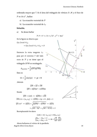Secciones Cónicas: Parábola
Rogelio Efren Cerna Reyes 34
D F
M
T
2p
p
D
LD
Q(-5,-1)
M(-3,7)
F
V
S
T
X
Y
X'
Y' u
12 10 8 6 4 2 2
2
2
4
6
8
10
12
ordenada mayor que 7. Si el área del triángulo de vértices , y el foco de
es , hallar:
a) La ecuación vectorial de
b) La ecuación vectorial de
Solución.
a) Se desea hallar
̅ ̅ , ′ ′
En la figura se observa que
Entonces la recta tangente
pasa por el extremo del lado
recto de y se tiene que el
triángulo es rectángulo.
‖̅̅̅̅‖‖̅̅̅̅̅‖
Esto es
Además
̅̅̅̅̅ ̅̅̅̅ ̅̅̅̅
̅̅̅̅̅ ‖̅̅̅̅‖̅ ‖̅̅̅̅‖̅
Donde
̅̅̅̅̅ , ‖̅̅̅̅̅‖ √
̅̅̅̅ ̅ , ‖̅̅̅̅‖ , ‖̅‖
̅̅̅̅ ̅ ‖̅̅̅̅‖ √‖̅̅̅̅̅‖ ‖̅̅̅̅‖ ‖̅̅̅̅‖
√ √
Reemplazando los datos
, , ,
{ ̅ ( , )
Ahora hallamos el vértice de la parábola
 