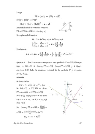 Secciones Cónicas: Parábola
Rogelio Efren Cerna Reyes 37
4pV
R
S
4p
LT
V
T(2,12)
R
F(8,-5)
X
Y
X'
Y'
M
15 10 5 5 10 15
20
15
10
5
5
10
Luego
̅̅̅̅ , ‖̅̅̅̅‖ √
‖̅̅̅̅‖ ‖̅̅̅̅‖ ‖̅̅̅̅‖
( √ ) √
Ahora hallamos el vector de rotación
̅̅̅̅ ‖̅̅̅̅‖̅ ‖̅̅̅̅‖̅ , ̅ ,
Reemplazando los datos
, √ , √ ,
{
√ √
√ √
̅ (
√
,
√
)
Finalmente,
, (
√
,
√
) (
√
,
√
) , ′ √ ′
Ejercicio 5. Sea una recta tangente a una parábola en , cuyo
foco es , Si ̅
̅̅̅̅ √ , ̅
̅̅̅̅ √ y ̅ ̅̅̅̅
, halle la ecuación vectorial de la parábola y el punto
̅̅̅̅.
Solución.
Se desea hallar
̅ ̅ , ′ ′
De , y , se tiene
̅̅̅̅ , ‖̅̅̅̅‖ √
De ̅ ̅̅̅̅ se tiene
̅ ̅ ̅ ̅ , , ̅ ,
Para
De ̅
̅̅̅̅ √
̅̅̅̅ ̅
‖ ̅ ‖
√
, ,
| |
√
√
 