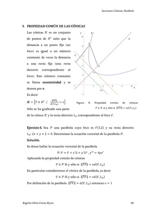 Secciones Cónicas: Parábola
Rogelio Efren Cerna Reyes 40
P
F
Y'
V
LD
K
X
Y
X'
2 2 4 6 8 10
2
2
4
6
8
10
3. PROPIEDAD COMÚN DE LAS CÓNICAS
Las cónicas es un conjunto
de puntos de tales que la
distancia a un punto fijo (un
foco) es igual a un número
constante de veces la distancia
a una recta fija (una recta
directriz correspondiente al
foco). Este número constante
se llama excentricidad y se
denota por e.
Es decir
{
‖̅̅̅̅‖
,
}
Sólo se ha graficado una parte
de la cónica y la recta directriz correspondiente al foco .
Ejercicio 6. Sea una parábola cuyo foco es , y su recta directriz
. Determinar la ecuación vectorial de la parábola .
Solución.
Se desea hallar la ecuación vectorial de la parábola
̅ ̅ , ′ ′
Aplicando la propiedad común de cónicas
Si y sólo si ‖̅̅̅̅‖ ,
En particular consideremos el vértice de la parábola, es decir
Si y sólo si ‖̅̅̅̅‖ ,
Por definición de la parábola ‖̅̅̅̅‖ , entonces
Figura 8: Propiedad común de cónicas
si y sólo si ‖̅̅̅̅‖ ,
 