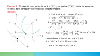 Ejemplo 2: El foco de una parábola es F = 7,5 y el vértice 𝑉 3,2 . Hallar la ecuación
vectorial de la parábola y la ecuación de la recta directriz.
Solución
La ecuación de la directriz es:
𝒫: 𝑥, 𝑦 = 3,2 + 𝑥′
4
5
,
3
5
+ 𝑦′ −
3
5
,
4
5
tal que 𝑦′2
= 20𝑥′
𝑋
𝑌
𝑌′
𝑋′
𝐹
𝑄
ℒ
7
5
3
2
𝒫: 𝑃 = 𝑉 + 𝑥′𝑢 + 𝑦′𝑢⊥
tal que 𝑦′2
= 4𝑝𝑥′
𝑝 = 𝑉𝐹 = (7 − 3)2+(5 − 2)2= 5
𝑢 =
𝑉𝐹
𝑉𝐹
=
7,5 − (3,2)
7,5 − (3,2)
=
(4,3)
(4,3)
=
4
5
,
3
5
⇒ 𝑢⊥ = −
3
5
,
4
5
ℒ: 𝑃 = 𝑄 + 𝑡𝑎
𝑎 = −3,4 y Q = V − 5𝑢 = (−1, −1)
ℒ: 𝑃 = −1, −1 + 𝑡 −3,4 , t ∈ ℝ
 