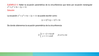 EJEMPLO 5: Hallar la ecuación paramétrica de la circunferencia que tiene por ecuación rectangular
𝑥2
+ 𝑦2
+ 4𝑥 − 2𝑦 = 11.
Solución
La ecuación 𝑥2 + 𝑦2 + 4𝑥 − 2𝑦 = 11 se puede escribir como:
(𝑥 + 2)2
+(𝑦 − 1)2
= 16
De donde obtenemos la ecuación paramétrica de la circunferencia
𝒞:
𝑥 = −2 + 4𝑐𝑜𝑠𝜃
𝑦 = 1 + 𝑠𝑒𝑛𝜃
, 0 ≤ 𝜃 ≤ 2𝜋
 