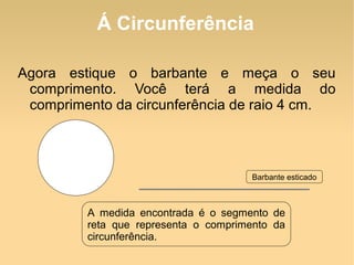 Á Circunferência Agora estique o barbante e meça o seu comprimento. Você terá a medida do comprimento da circunferência de raio 4 cm. A medida encontrada é o segmento de reta que representa o comprimento da circunferência. Barbante esticado 