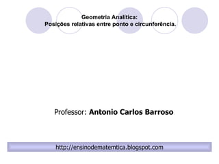 Geometria Analítica:  Posições relativas entre ponto e circunferência. http://ensinodematemtica.blogspot.com Professor:  Antonio Carlos Barroso 