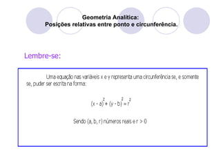 Geometria Analítica:  Posições relativas entre ponto e circunferência. Lembre-se: 