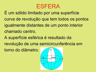 ESFERA É um sólido limitado por uma superfície curva de revolução que tem todos os pontos igualmente distantes de um ponto interior chamado centro.  A superfície esférica é resultado da revolução de uma semicircunferência em torno do diâmetro.  
