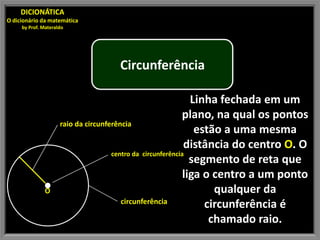 DICIONÁTICA
O dicionário da matemática
     by Prof. Materaldo




                                    Circunferência

                                                               Linha fechada em um
                                                            plano, na qual os pontos
                     raio da circunferência
                                                                estão a uma mesma
                                                             distância do centro O. O
                                     centro da circunferência
                                                               segmento de reta que
                                                             liga o centro a um ponto
               O                                                    qualquer da
                                        circunferência            circunferência é
                                                                   chamado raio.
 