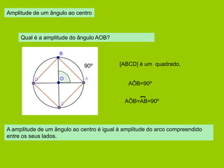 Amplitude de um ângulo ao centro 
Qual é a amplitude do ângulo AOB? 
90º 
[ABCD] é um quadrado. 
AÔB=90º 
A amplitude de um ângulo ao centro é igual à amplitude do arco compreendido entre os seus lados. 
AÔB=AB=90º  