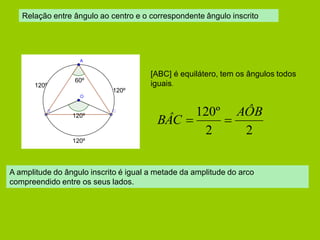Relação entre ângulo ao centro e o correspondente ângulo inscrito 
[ABC] é equilátero, tem os ângulos todos 
iguais. 
2 2 
120º AÔB 
BÂC   
A amplitude do ângulo inscrito é igual a metade da amplitude do arco 
compreendido entre os seus lados. 
120º 
120º 
120º 
60º 
120º 
 