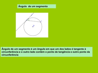 Ângulo de um segmento é um ângulo em que um dos lados é tangente à circunferência e o outro lado contém o ponto de tangência e outro ponto da circunferência 
Ângulo de um segmento  