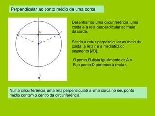Perpendicular ao ponto médio de uma corda 
Desenhamos uma circunferência, uma corda e a reta perpendicular ao meio da corda. 
Sendo a reta r perpendicular ao meio da corda, a reta r é a mediatriz do segmento [AB]. 
O ponto O dista igualmente de A e B, o ponto O pertence à recta r. 
Numa circunferência, uma reta perpendiculatr a uma corda no seu ponto médio contém o centro da circunferência..  