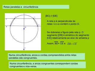 Retas paralelas e circunferência 
[BC] // [DE] 
A reta p é perpendicular às 
retas r e s e contém o ponto O. 
Se dobrares a figura pela reta p. O 
segmento [DB] é simétrico do segmento 
[CE] relativamente ao eixo de simetria p 
Assim, BD= CE e 
Numa circunferência, arcos e cordas compreendidos entre retas 
paralelas são congruentes. 
____ _____ 
DB  CE 
Numa circunferência, a arcos congruentes correspondem cordas 
congruentes e vice-versa. 
 