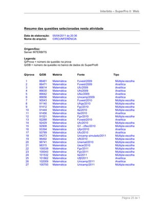 Interbits – SuperPro ® Web
Resumo das questões selecionadas nesta atividade
Data de elaboração: 05/04/2011 às 20:36
Nome do arquivo: CIRCUNFERÊNCIA
Origem/Doc:
Server INTERBITS
Legenda:
Q/Prova = número da questão na prova
Q/DB = número da questão no banco de dados do SuperPro®
Q/prova Q/DB Matéria Fonte Tipo
1 86461 Matemática Fuvest/2009 Múltipla escolha
2 86471 Matemática Fuvest/2009 Analítica
3 86614 Matemática Ufc/2009 Analítica
4 86630 Matemática Ufrj/2009 Analítica
5 86642 Matemática Ufsc/2009 Analítica
6 86656 Matemática Unicamp/2009 Analítica
7 90543 Matemática Fuvest/2010 Múltipla escolha
8 91140 Matemática Ufrgs/2010 Múltipla escolha
9 91412 Matemática Fgv/2010 Múltipla escolha
10 91444 Matemática Ita/2010 Múltipla escolha
11 91456 Matemática Ita/2010 Analítica
12 91521 Matemática Fgv/2010 Múltipla escolha
13 92268 Matemática Fuvest/2010 Analítica
14 92429 Matemática Ufc/2010 Múltipla escolha
15 92908 Matemática G1 - cftsc/2010 Múltipla escolha
16 93394 Matemática Ufpr/2010 Analítica
17 93789 Matemática Ufu/2010 Analítica
18 94273 Matemática Unicamp simulado/2011 Múltipla escolha
19 96492 Matemática Uft/2010 Múltipla escolha
20 96741 Matemática Unemat/2010 Múltipla escolha
21 98315 Matemática Uece/2010 Múltipla escolha
22 100039 Matemática Fgv/2011 Múltipla escolha
23 100043 Matemática Fgv/2011 Múltipla escolha
24 101532 Matemática Ita/2011 Múltipla escolha
25 101862 Matemática Ufjf/2011 Analítica
26 102009 Matemática Unicamp/2011 Analítica
27 100793 Matemática Unicamp/2011 Múltipla escolha
Página 25 de 1
 