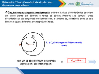 Matemática, 7º ano, Circunferência, círculo - seus
elementos e propriedades
B
Têm um só ponto comum e os demais
pontos de C1 são interiores a C2
P
dAB = R – r
⇔
A
C1
C2
C1 e C2 são tangentes internamente
em P
Circunferências tangentes interiormente: quando as duas circunferências possuem
um único ponto em comum e todos os pontos internos são comuns. Duas
circunferências são tangentes interiormente se, e somente se, a distância entre os dois
centros é igual à diferença dos respectivos raios.
 