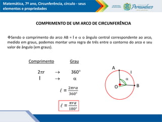 Matemática, 7º ano, Circunferência, círculo - seus
elementos e propriedades
COMPRIMENTO DE UM ARCO DE CIRCUNFERÊNCIA
Sendo o comprimento do arco AB = l e  o ângulo central correspondente ao arco,
medido em graus, podemos montar uma regra de três entre o contorno do arco e seu
valor de ângulo (em graus).
Comprimento Grau
2r  360
l  
B
O
A
l

 