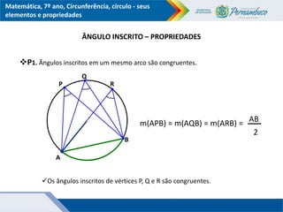 Matemática, 7º ano, Circunferência, círculo - seus
elementos e propriedades
P1. Ângulos inscritos em um mesmo arco são congruentes.
Os ângulos inscritos de vértices P, Q e R são congruentes.
m(APB) = m(AQB) = m(ARB) = AB
2
P
A
B
Q
R
ÂNGULO INSCRITO – PROPRIEDADES
 