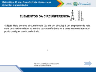 Matemática, 7º ano, Circunferência, círculo - seus
elementos e propriedades
ELEMENTOS DA CIRCUNFERÊNCIA
http://www.uantof
.cl/estudiomat/ext
ension/ronda/zirk
el.gif
Raio: Raio de uma circunferência (ou de um círculo) é um segmento de reta
com uma extremidade no centro da circunferência e a outra extremidade num
ponto qualquer da circunferência.
http://www.prof2000.pt/users/ildacabral/Ci
rcunfer%C3%AAncia_raio.gif
 