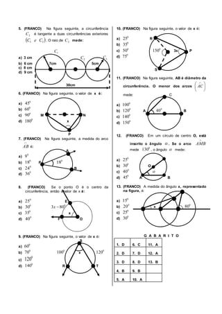 5. (FRANCO) Na figura seguinte, a circunferência
é tangente a duas circunferências exteriores
. O raio de mede:
a) 3 cm
b) 6 cm 7cm 5cm
c) 8 cm
d) 9 cm
30cm
6. (FRANCO) Na figura seguinte, o valor de x é:
a)
b)
c) M N
d) x
P
7. (FRANCO) Na figura seguinte, a medida do arco
é:
A
a)
b) P
c) B
d)
8. (FRANCO) Se o ponto O é o centro da
circunferência, então o valor de x é:
a) E
b)
c) x
d) F O
9. (FRANCO) Na figura seguinte, o valor de x é:
S
a)
b) x
c)
d) R T
10. (FRANCO) Na figura seguinte, o valor de x é:
a) R
b)
c) 3x P
d)
S
11. (FRANCO) Na figura seguinte, AB é diâmetro da
circunferência. O menor dos arcos
mede: C
a)
b) A B
c)
d)
12. (FRANCO) Em um círculo de centro O, está
inscrito o ângulo . Se o arco
mede , o ângulo mede:
a)
b) O
c)
d) A B
13. (FRANCO) A medida do ângulo x, representado
na figura, é:
a)
b) x
c)
d)
G A B A R I T O
1. D 6. C 11. A
2. D 7. D 12. A
3. D 8. D 13. B
4. B 9. B
5. A 10. A
2C
 31 CeC 2C
1C
2C 3C
0
45
0
60
0
90
0
180

AB
0
9
0
18 0
18
0
24
0
36
0
25
0
30 0
803 x
0
35
0
40
0
60
0
70 0
100 0
120
0
120
0
140
0
25
0
35
0
50 0
150
0
75





 
AC
0
100
0
120 0
40
0
140
0
150


AMB
0
130 
0
25
0
30
0
40 
0
45
0
15
0
20 0
80
0
25
0
30
 