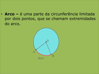 Arco – é uma parte da circunferência limitada por dois pontos, que se chamam extremidades do arco.