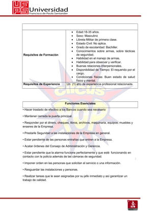 •  Edad:18-35 años.
                                      •  Sexo: Masculino
                                      •  Libreta Militar de primera clase.
                                      •  Estado Civil: No aplica.
                                      •  Grado de escolaridad: Bachiller.
                                      •  Conocimientos sobre armas, sobre tácticas
Requisitos de Formación                  de seguridad.
                                     • Habilidad en el manejo de armas.
                                     • Habilidad para observar y verificar.
                                     • Buenas relaciones interpersonales.
                                     • Disponibilidad de Tiempo: El requerido por el
                                         cargo.
                                     • Condiciones físicas: Buen estado de salud
                                         físico y mental.
Requisitos de Experiencia         Un (1) año de experiencia profesional relacionada.




                                 Funciones Esenciales

• Hacer traslado de efectivo a los Bancos cuando sea necesario

• Mantener cerrada la puerta principal.

• Responder por el dinero, cheques, libros, archivos, maquinaria, equipos, muebles y
enseres de la Empresa.

• Prestarle Seguridad a las instalaciones de la Empresa en general.

• Estar pendiente de las personas entrañas que entren a la Empresa.

• Acatar órdenes del Consejo de Administración y Gerencia.

• Estar pendiente que la alarma funcione perfectamente y que esté funcionando en
contacto con la policía además de las cámaras de seguridad.

• Imponer orden en las personas que solicitan el servicio o una información.

• Resguardar las instalaciones y personas.

• Realizar tareas que le sean asignadas por su jefe inmediato y así garantizar un
trabajo de calidad.
 
