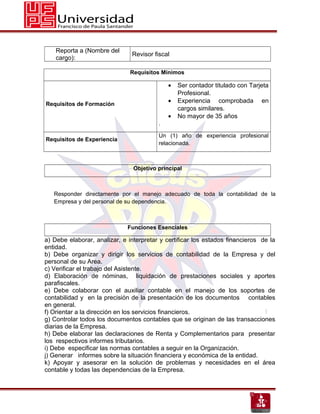 Reporta a (Nombre del
                               Revisor fiscal
    cargo):

                               Requisitos Mínimos

                                             •   Ser contador titulado con Tarjeta
                                                 Profesional.
Requisitos de Formación
                                             •   Experiencia comprobada en
                                                 cargos similares.
                                             •   No mayor de 35 años
                                         .

                                         Un (1) año de experiencia profesional
Requisitos de Experiencia
                                         relacionada.



                                Objetivo principal



   Responder directamente por el manejo adecuado de toda la contabilidad de la
   Empresa y del personal de su dependencia.



                              Funciones Esenciales

a) Debe elaborar, analizar, e interpretar y certificar los estados financieros de la
entidad.
b) Debe organizar y dirigir los servicios de contabilidad de la Empresa y del
personal de su Area.
c) Verificar el trabajo del Asistente.
d) Elaboración de nóminas, liquidación de prestaciones sociales y aportes
parafiscales.
e) Debe colaborar con el auxiliar contable en el manejo de los soportes de
contabilidad y en la precisión de la presentación de los documentos contables
en general.
f) Orientar a la dirección en los servicios financieros.
g) Controlar todos los documentos contables que se originan de las transacciones
diarias de la Empresa.
h) Debe elaborar las declaraciones de Renta y Complementarios para presentar
los respectivos informes tributarios.
i) Debe especificar las normas contables a seguir en la Organización.
j) Generar informes sobre la situación financiera y económica de la entidad.
k) Apoyar y asesorar en la solución de problemas y necesidades en el área
contable y todas las dependencias de la Empresa.
 