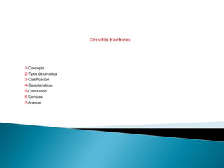 1-Concepto
2-Tipos de circuitos
3-Clasificacion
4-Caracteristicas
5-Conclucion
6-Ejenplos
7-Anexos
 
