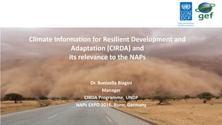 Climate Information for Resilient Development and
Adaptation (CIRDA) and
its relevance to the NAPs
Dr. Bonizella Biagini
Manager
CIRDA Programme, UNDP
NAPs EXPO 2016, Bonn, Germany
 