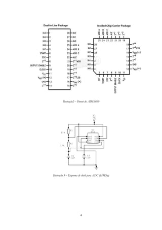 Ilustração2 – Pinout do ADC0809



                                    V1
                                    5V
                                    +V




              R1                    U1
      13k                          555

                              Gnd    Vcc
                              Trg    Dis
                              Out    Thr
                              Rst    Ctl
              R2
      27k



                C1            C2
               1uF           1uF




Ilustração 3 – Esquema de clock para ADC (185Khz)




                       4
 