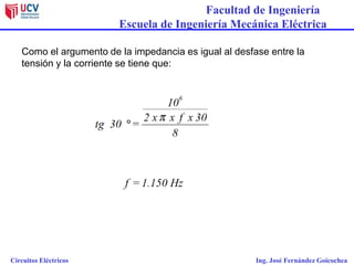 Facultad de Ingeniería
Escuela de Ingeniería Mecánica Eléctrica
Circuitos Eléctricos Ing. José Fernández Goicochea
Como el argumento de la impedancia es igual al desfase entre la
tensión y la corriente se tiene que:
 