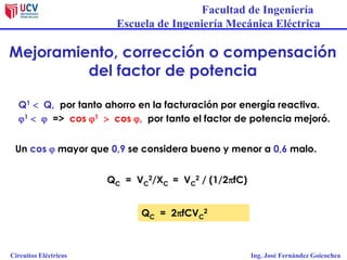 Facultad de Ingeniería
Escuela de Ingeniería Mecánica Eléctrica
Circuitos Eléctricos Ing. José Fernández Goicochea
Mejoramiento, corrección o compensación
del factor de potencia
Q1  Q, por tanto ahorro en la facturación por energía reactiva.
j1  j => cos j1  cos j, por tanto el factor de potencia mejoró.
Un cos j mayor que 0,9 se considera bueno y menor a 0,6 malo.
QC = 2fCVC
2
QC = VC
2/XC = VC
2 / (1/2fC)
 
