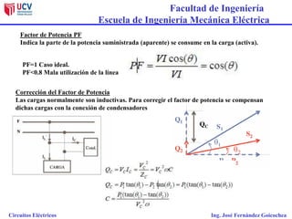 Facultad de Ingeniería
Escuela de Ingeniería Mecánica Eléctrica
Circuitos Eléctricos Ing. José Fernández Goicochea
Factor de Potencia PF
Indica la parte de la potencia suministrada (aparente) se consume en la carga (activa).
PF=1 Caso ideal.
PF<0.8 Mala utilización de la línea
Corrección del Factor de Potencia
Las cargas normalmente son inductivas. Para corregir el factor de potencia se compensan
dichas cargas con la conexión de condensadores
 